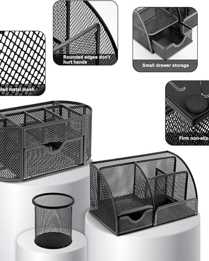 17 in 1 Black Desk Organizers and Accessories Set, 3 Office Desk Supplies Storage Organization, 4 Pens, Stapler, Staples & Remover, Tape & Dispenser, Scissors, Ruler, Clips, Hole Punch, Back to School