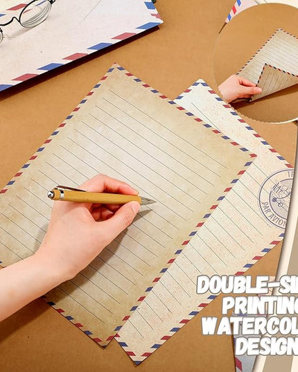 TaoBary 160 Pcs Stationery Paper Set 50 Double Sided Stationery Papers with 50 Matching Envelopes and 60 Round Dot Sticker, 10 Design(Vintage Travel,8.5 x 11 Inch)