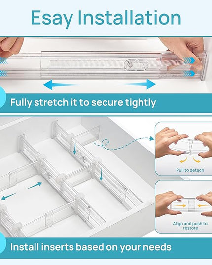 Vtopmart 2.36” Drawer Dividers with Expandable Inserts, 12.8"-22.3" Adjustable Kitchen Drawer Organizer, Clear Plastic Organizer Separator for Flatware, Utensil, Cutlery, 4 Dividers with 6 Inserts