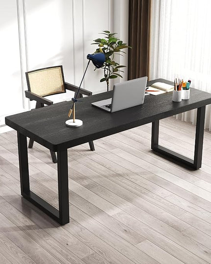 Modern 55in Solid Wood Computer Desk with Metal Base - Stylish Durable Black Office/Study Desk, Multiple Sizes for Home Office & Workspace Use