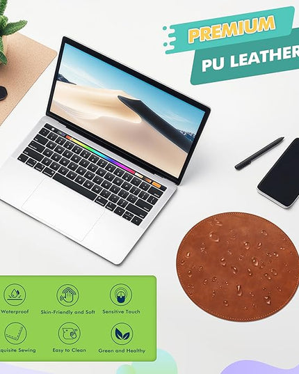 Mouse Pad，Round Mouse Pad，PU Mouse Pad，Leather Mouse Pad with Stitched Edge Micro-Fiber Base with Non-Slip Waterproof，Mouse Pad for Computers，Laptop，9 x 9 Inch (Caramel Brown)
