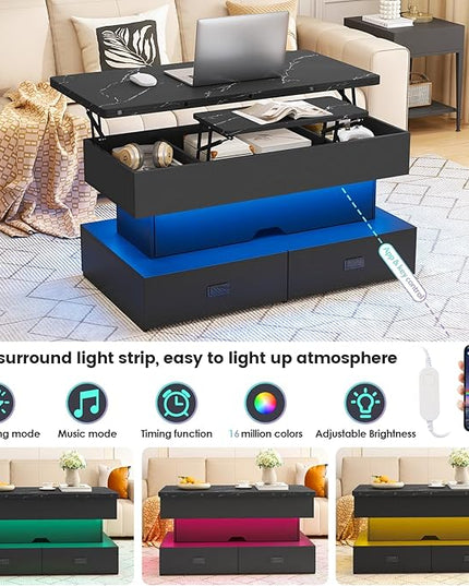 Turosur 40" Lift Top Coffee Table, LED Coffee Tables with Storage and 4 Drawers, Coffee Table with Lifting top for Living Room Home Office, Black