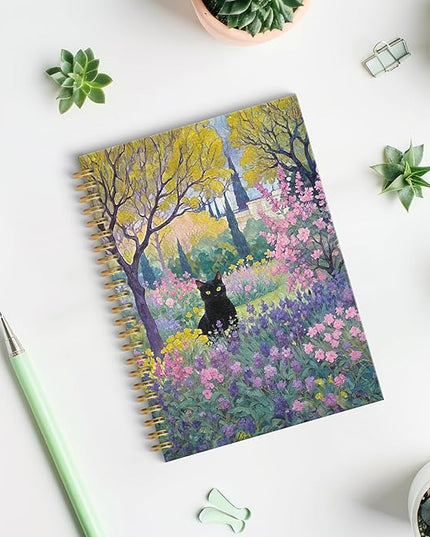 Garden Floral Black Cat Spiral Notebook, Black Cat Gifts Journal, Cats Lovers Mom Lady Gifts Journal Notebook, 5.5x8.3 Inch