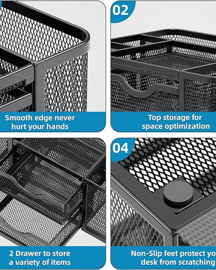 Marbrasse Mesh Desk Organizer, Pen Organizer with 2 Drawer, Multi-Functional Pencil Holder, Desk Organizers and Accessories with 5 Compartments + Drawer for Office Art Supplies (Black)