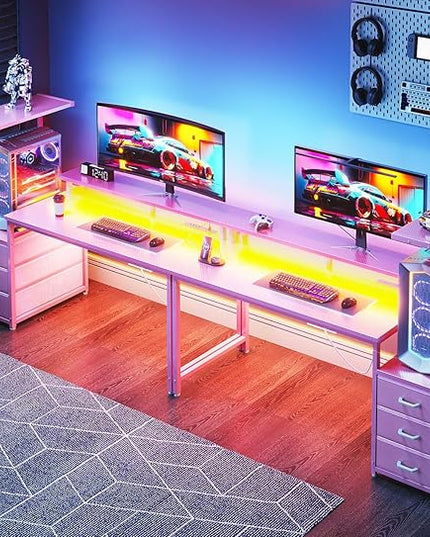 AODK 59 Inch Gaming Desk with USB Charging Ports & LED Light- Reversible Computer Desk with Storage Shelves & Monitor Stand, Modern Gamer Desk Table with Fabric Drawers & Side Hook, Carbon Fiber Pink