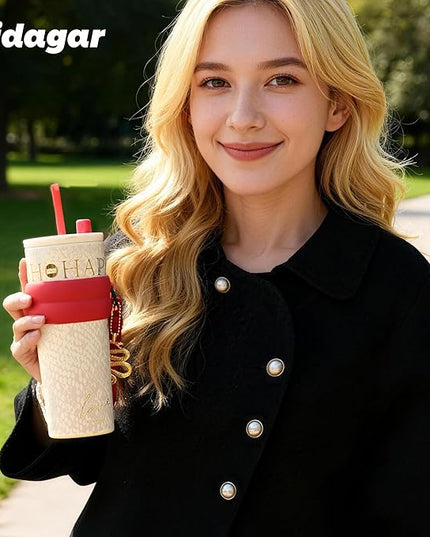 24 oz Tumbler with Lid and Straw, Insulated Coffee Mug Leak Proof, Portable Iced Travel Water Bottle, Reusable Thermal Coffee Cup, Gifts for Women, Pearl White