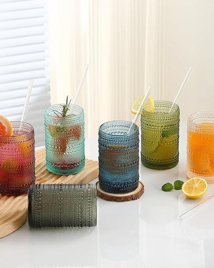 15oz Colored Hobnail Drinking Glasses Set of 6,Vintage Kitchen Glassware,Embossed Beaded Glass Cups,Water Tumbler for Cocktail,Juice and Various Mixed Drinks