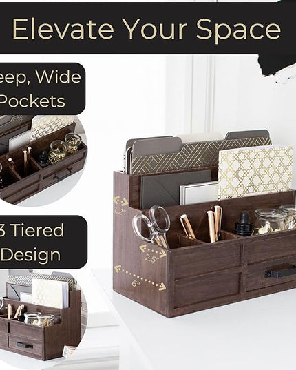 BLU MONACO | Wooden Mail Organizer with Drawer and Pen Holder | Mail Sorter Organizer Countertop for Desk or Kitchen | Outgoing Mail Holder Wood Desktop Storage