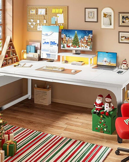 Computer Desk with Monitor Stand & 24mm Thicker Desktop,Gaming Desk with Power Outlets & LED Light,White Writing Desk for Home Office, Study, Bedroom, White