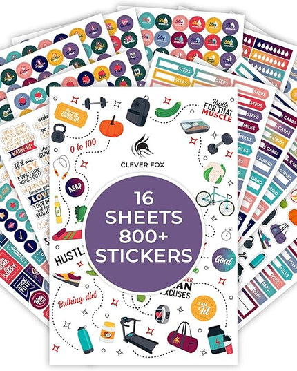 Clever Fox Planner Fitness Sticker Set - Monthly, Weekly & Daily Planner Stickers 16 Sheets Set of 840+ Unique Stickers (Fitness & Nutrition)