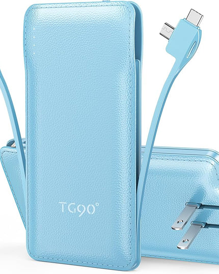 TG90° 10000mAh Power Bank with Built-in AC Wall Plug and Cables, Ultra Slim Phone External Battery Pack Portable Charger Compatible with iPhone and Android Devices