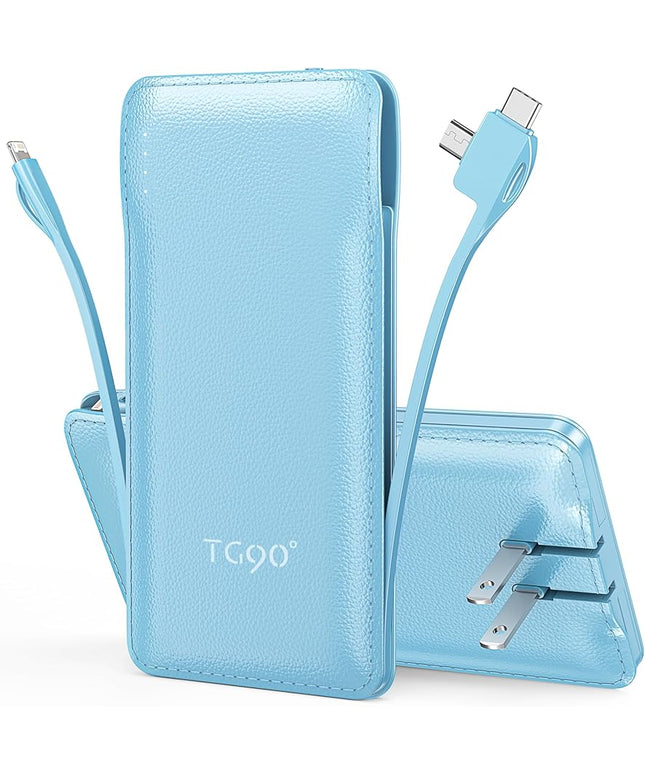 TG90° 10000mAh Power Bank with Built-in AC Wall Plug and Cables, Ultra Slim Phone External Battery Pack Portable Charger Compatible with iPhone and Android Devices