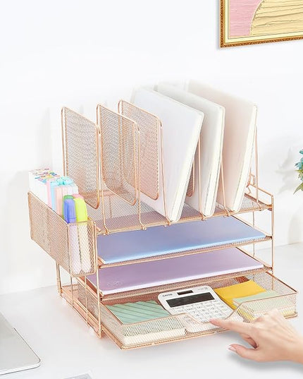 LEKETREE Desk Organizers and Accessories, 3-Tier Paper Organizer with 5 Vertical File Holders, File Organizer for Desk (Rose Gold With Drawer, 3T With Drawer)