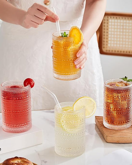 15 oz Clear Hobnail Drinking Glasses with Straws Set of 6, Vintage Glassware Old Fashioned Beverage Glasses, Cocktail Drinking Glassware Set, Kitchen Water Glasses Cup, for Beer, Smoothie, Juice