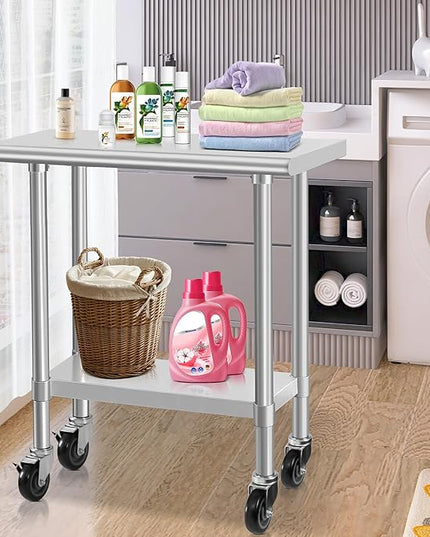 HARDURA Stainless Steel Commercial Table Prep & Work Table with Casters Heavy Duty Metal Table with Wheels NSF 430 14×30 Inches