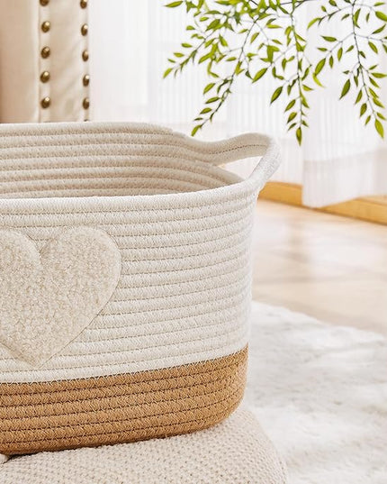 Storage Bins Woven Baskets for Storage Set of 3, Cotton Rope Basket with Handles for Toys/Shelves/Laundry, Rectangle Multi-Purpose Organizer for Living Room, Bedroom, Nursery (Heart)