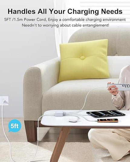 USB C Fast Charger, 100W GaN 6 Port Type USB C Charging Station Hub Block Cube, USB C Wall Charger Power Strip Adapter Plug for iPad iPhone 17 16 15 14 13 12 Pro Max Pixel Note Galaxy, 5ft Cord