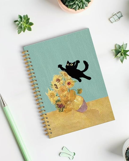 ROXMART Abstract Sunflower Black Cat Spiral Notebook, Cats Lover Gifts Journal, Black Cat Gifts for Women, Whimsical Floral Kitty Kitten Hardcover Notebook Journal, 5.5x8.3 Inch