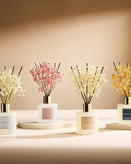 COCORRÍNA Reed Diffuser - Gardenia 6.7 Fl.oz Reed Diffuser Set with Sticks & Preserved Baby's Breath, Reed Diffuser for Home Bathroom Shelf Decor