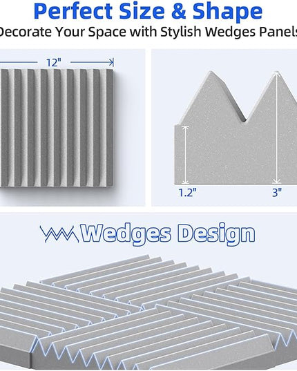 12 Pack Sound Proof Foam Panels for Wall with Self Adhesive, 3" X 12" X 12" High Density Acoustic Panels Sound Absorbing Quick-Recovery, Wedges Soundproof Wall Panels for Gaming & Studio Decor - Gray