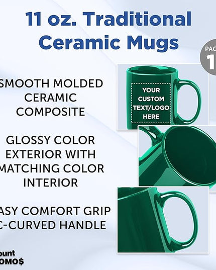 Custom Ceramic Coffee Mugs 11 oz. Set of 10, Personalized Bulk Pack - Coffee cup set, Iced coffee cup, Gaming mug - Green