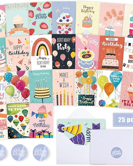 FUHITIM Birthday Cards,25 Pcs Blank Cards with Envelopes & Stickers,25 Design,4x6 Inches Happy Birthday Card,Birthday Card for Kids,Friends,Family and Colleagues