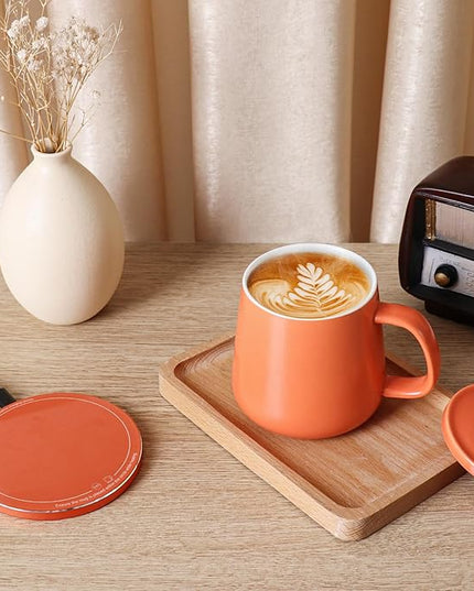 APEKX Warm Cup Coffee Mug Warmer Set - Smart Stable Constant Temperature 131°F, 15W Wireless Charging, 12.8 oz Capacity - Supports USB-C Interface, Automatic Power On/Off Function (4 H). (Tangerine)