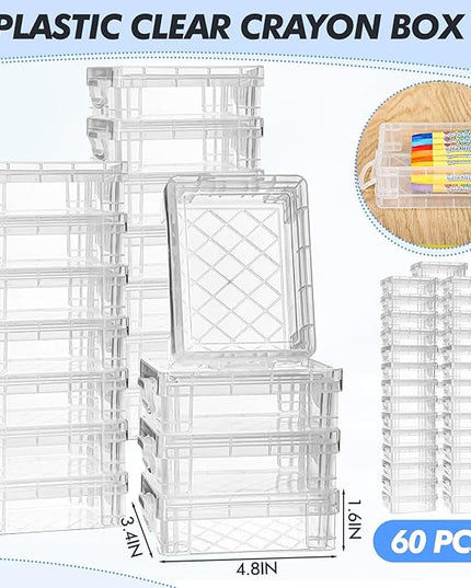 Suzile 60 Pcs Plastic Crayon Boxes with Snap Lids Clear Crayon Organizers and Storage Container, Bulk Stackable Pen Pencil Case for Art Crafts Classroom Office(Clear)