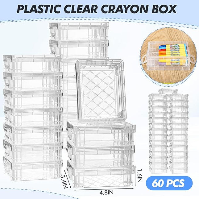 Suzile 60 Pcs Plastic Crayon Boxes with Snap Lids Clear Crayon Organizers and Storage Container, Bulk Stackable Pen Pencil Case for Art Crafts Classroom Office(Clear)