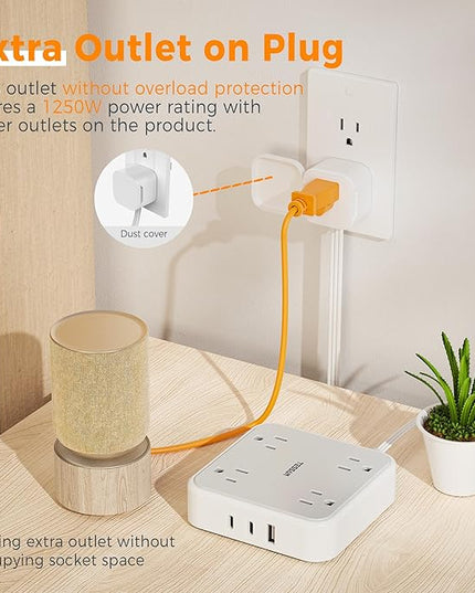 TESSAN Outlet Cover with Extra Outlet on Plug, Surge Protector Power Strip with 3 USB (2 USB C), 5 Ft Flat Extension Cord, 900 Joules Protection, Flat Plug Power Strip for Home Office Essentials