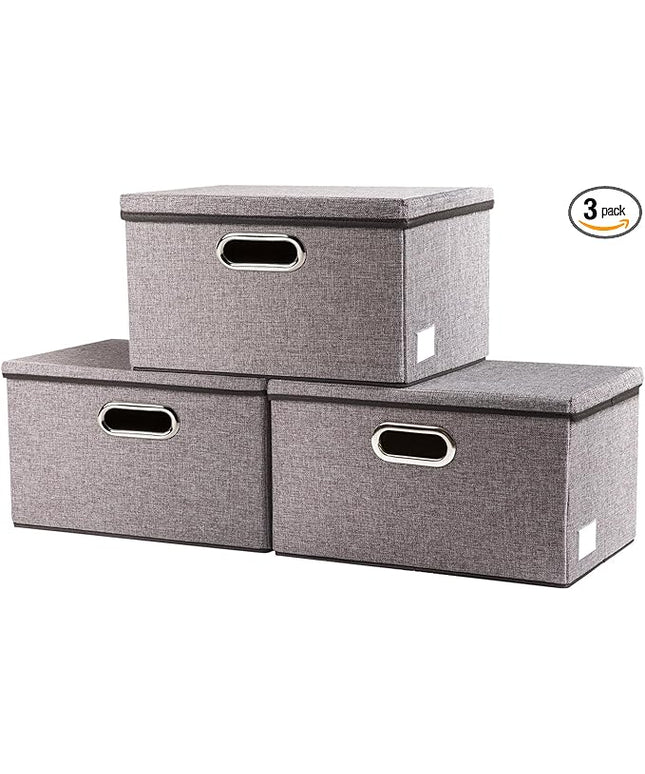 PRANDOM Storage Bins with Lids [3-Pack] Linen Fabric Foldable Storage Boxes Organizer Containers Baskets Cube with Cover for Home Bedroom Closet Office Nursery Grey（11.4X8.6X6.7