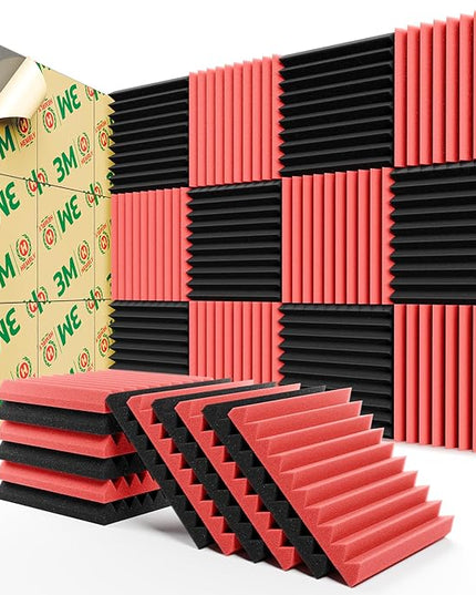 12 Pack Sound Proof Foam Panels for Walls,Self-Adhesive Foam Acoustic Panels Sound Absorbing,High Density Quick-Recovery Soundproof Wall Panels 12" X 12" X 1"-Black and Red