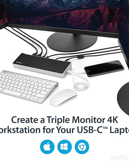 StarTech.com USB-C Triple Monitor Docking Station for MacBook Pro / Air M1 M2 M3 M4 & Windows, Universal 4K HDMI DP Dock, Thunderbolt Compatible, 100W Laptop Charging - TAA