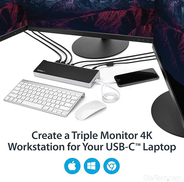 StarTech.com USB-C Triple Monitor Docking Station for MacBook Pro / Air M1 M2 M3 M4 & Windows, Universal 4K HDMI DP Dock, Thunderbolt Compatible, 100W Laptop Charging - TAA