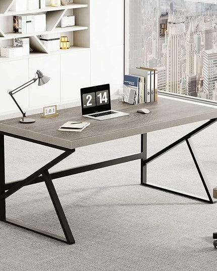 HSH Gray Computer Desk, Industrial Wood and Metal Home Office Desk, Farmhouse Rustic PC Laptop Desk for Executive Work Writing Study Gaming, Modern Simple Bedroom Computer Table, Light Grey Oak, 55 In