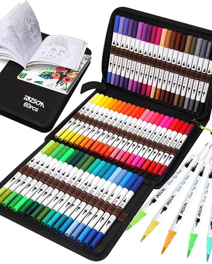ZSCM Art Duo Tip Brush Markers Set, 60 Colors Fine Brush Tip Artist Drawing Pens Set with Coloring Book, for Adult Sketching Journal Planner Gifts