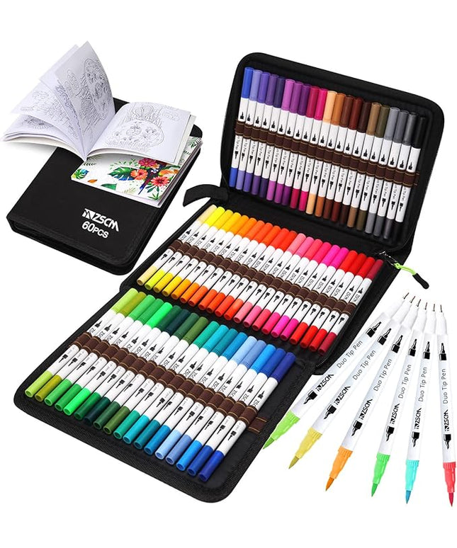 ZSCM Art Duo Tip Brush Markers Set, 60 Colors Fine Brush Tip Artist Drawing Pens Set with Coloring Book, for Adult Sketching Journal Planner Gifts