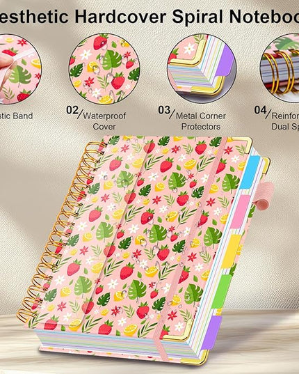 Spiral Journal Notebooks for Work, 300 Pages 5 Subject Notebook College Ruled with Dividers & Tabs, 8''x 10'' Large Notebook Journal for Women Students Note-Taking and Organizer (Pink Floral)