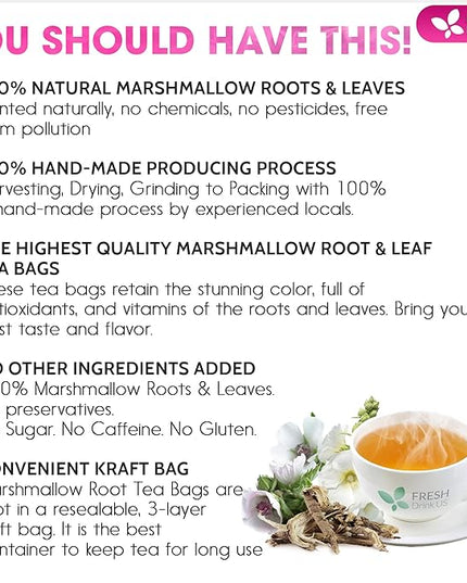 FreshDrinkUS, Premium 75 Marshmallow Root and Leaf Tea Bags, 100% Natural & Pure. Loose Leaf Marshmallow Herbal Tea. Made with Eco-Conscious Tea Bags. No Sugar, No Caffeine, No Gluten, Vegan.