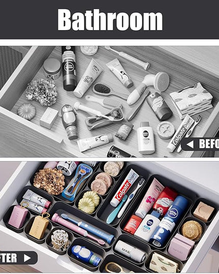 Plastic Drawer Organizers, 18 PCS Drawer Organizer Bins, Bathroom and Vanity Organizer Plastic Tray, Makeup organizer and storage for Makeup, Bedroom, Kitchen Gadgets Utensils and Office (Black)