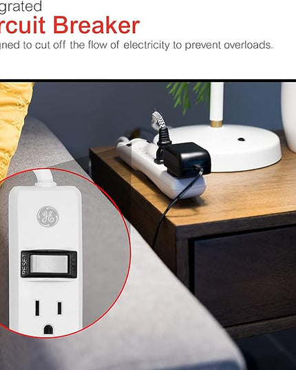 GE 6-Outlet Power Strip, 8 Ft Extension Cord, Heavy Duty Plug, Grounded, Integrated Circuit Breaker, 3-Prong, Wall Mount, ETL Listed, White, 67122