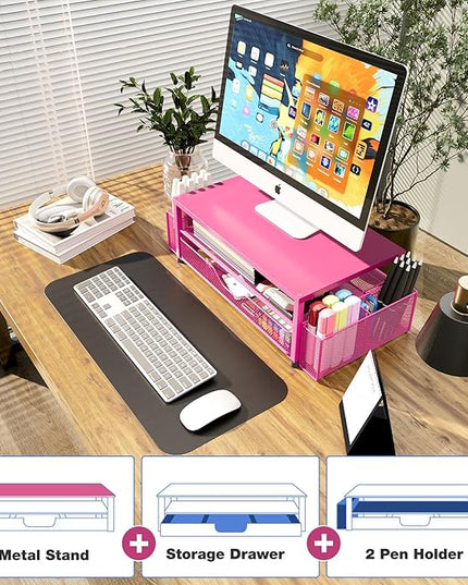 OPNICE Desk Organizer and Accessories, 2-Tier Computer Monitor Stand with Drawer and 2 Pen Holders, Laptop Stand, Office Desk Accessories for Office Supplies, Carmine Rose