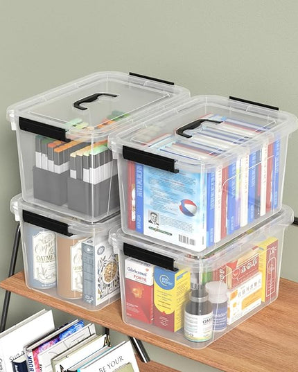 12 Quart Clear Storage Latch Box with Lids, Plastic Storage Bin with Handle, 4 Pack