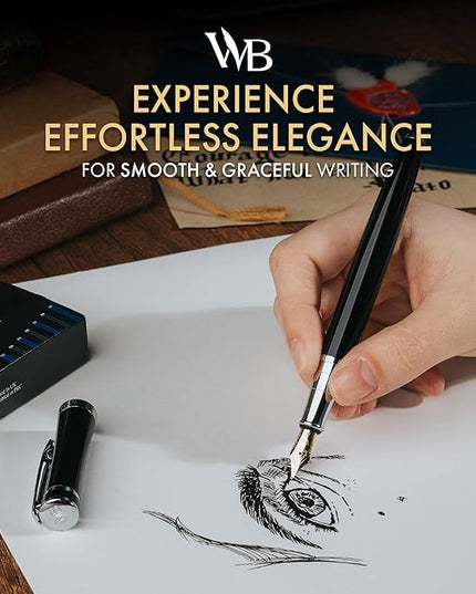Wordsworth & Black Fountain Pen Set, 18K Gilded Extra Fine Nib, Includes 24 Pack Ink Cartridges, Ink Refill Converter & Gift Box, Chrome Finish, Calligraphy, [Black Chrome], Perfect for Men & Women