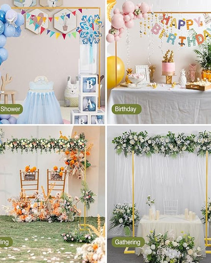 8.2FT x 8FT Backdrop Stand Heavy Duty with Base, Gold Portable Adjustable Pipe and Drape Backdrop Stand Kit, Over The Table Rod Stand with Clamps, Square Metal Arch Party Frame for Birthday Decor