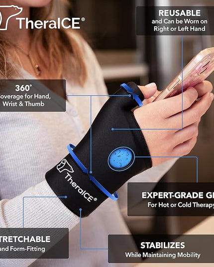 TheraICE Wrist Ice Pack Wrap Thumb Brace for Either Hand for Hot & Cold Therapy - Reusable Soft Gel Glove for Injuries, Carpal Tunnel, Arthritis, De Quervain's Tenosynovitis - Fits Most Women - S/M