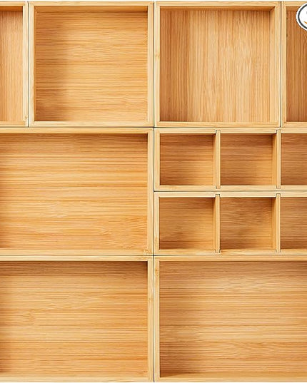 Fabsome Drawer Organizer, Set of 9 Bamboo Wood Kitchen Makeup Desk Junk Tea Drawer Storage Boxes Bins for Cutlery Silverware Utensils Flatware, Small Wooden Container Tray for Bathroom, Office
