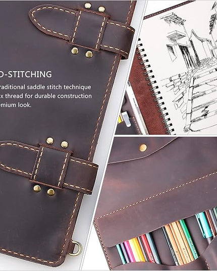Robrasim Handmade Leather Sketchbook Cover, Artist Sketch Pad Holder for 9"X12" Sketchbook, Drawing Book and Pencil Case, Journal Notebook Portfolio with Shoulder Strap, Artist Gifts, Coffee