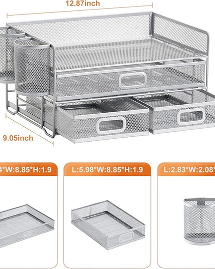 Marbrasse 3 Tier Mesh Desk Organizer with Drawer, Multi-Functional Desk Organizers and Accessories, Paper Letter Organizer with 2 Pen Holder for Home Office Supplies (Silver)