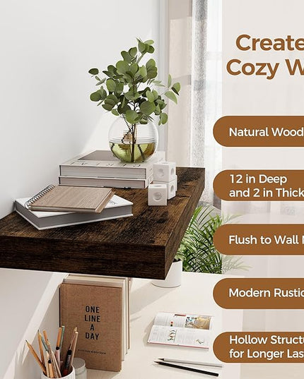 12 Inch Deep Floating Shelves, 24 x 12 Floating Shelf for Books, Rustic Wood Deep Wall Shelves for Home Storage & Display, 2" Thicked Shelves for Kitchen, Living Room, Bedroom, Rustic Brown, 1 Pack